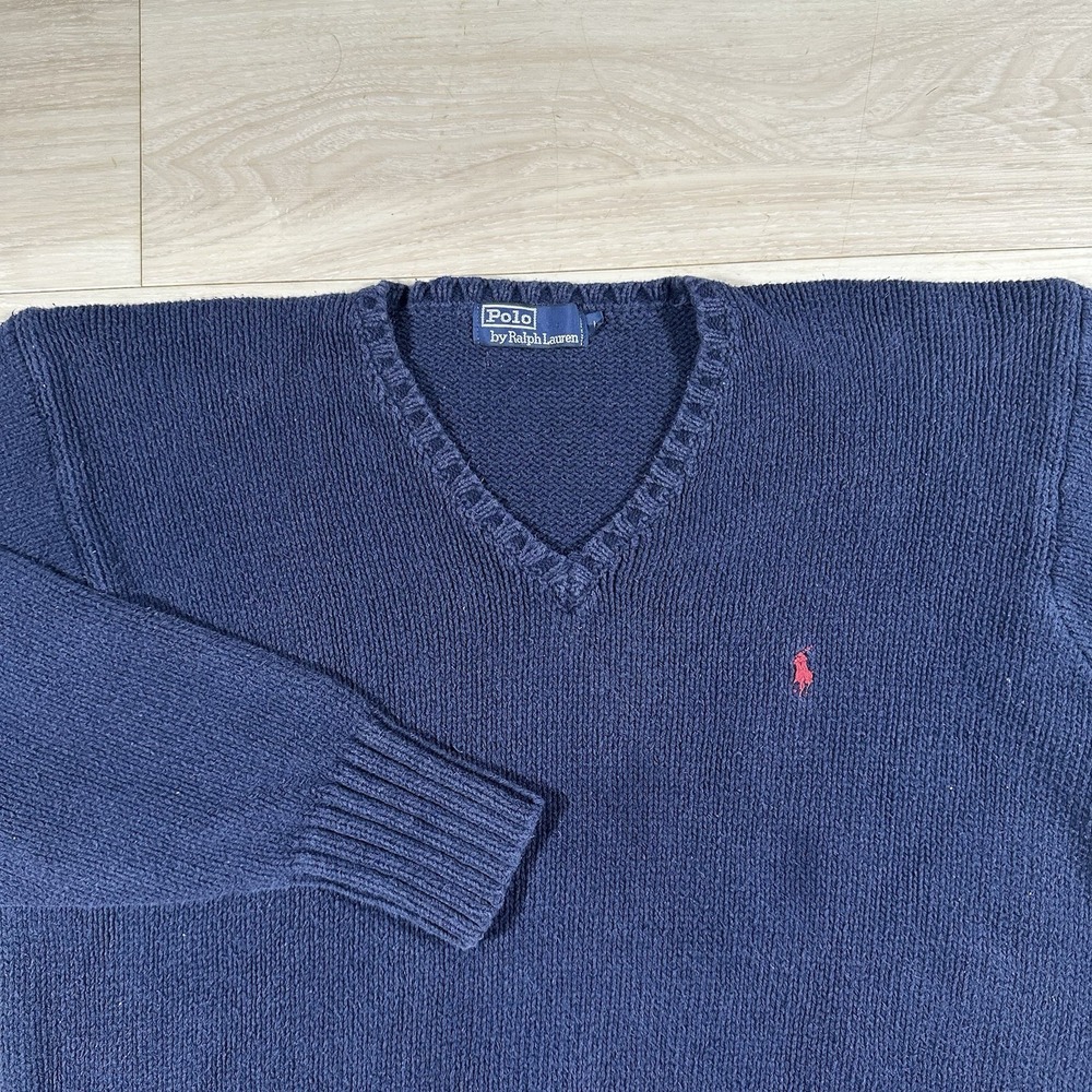 Polo Ralph Lauren Mens V-Neck Sweater Blue 100% Cotton Knit Pony Logo Size Large